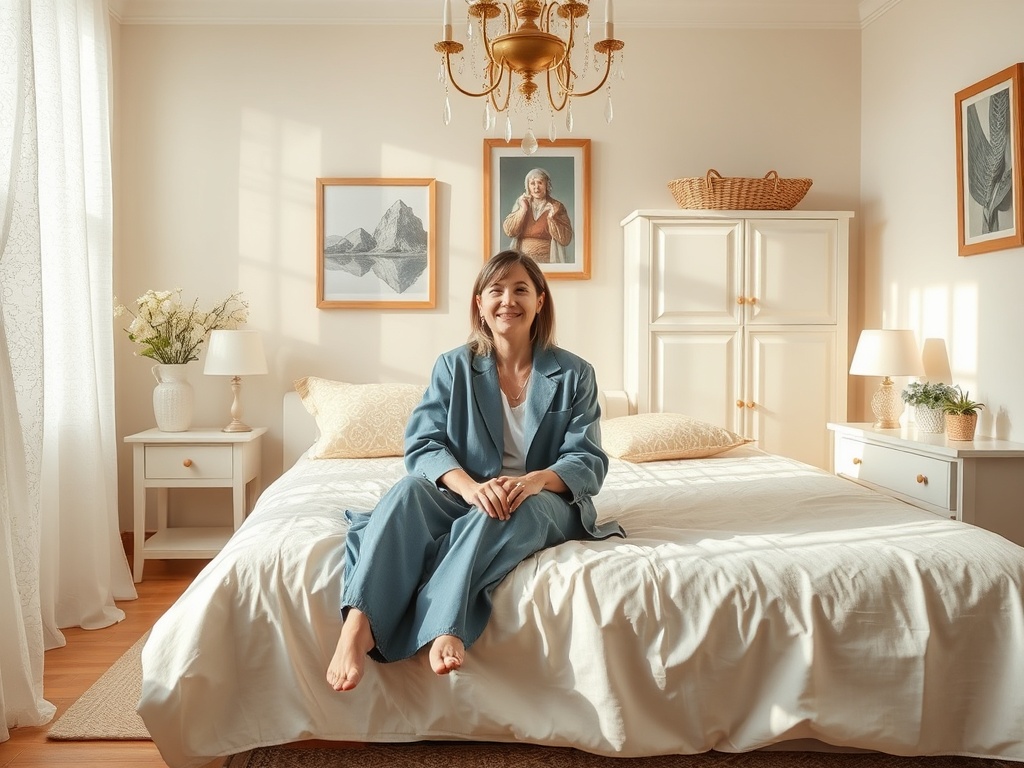 Женщина в синем пижамном комплекте сидит на кровати в светлом уютном спальне с картинами на стенах.