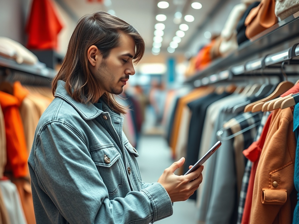 Молодой человек в джинсовой куртке смотрит на телефон в магазине одежды с разнообразными вещами.