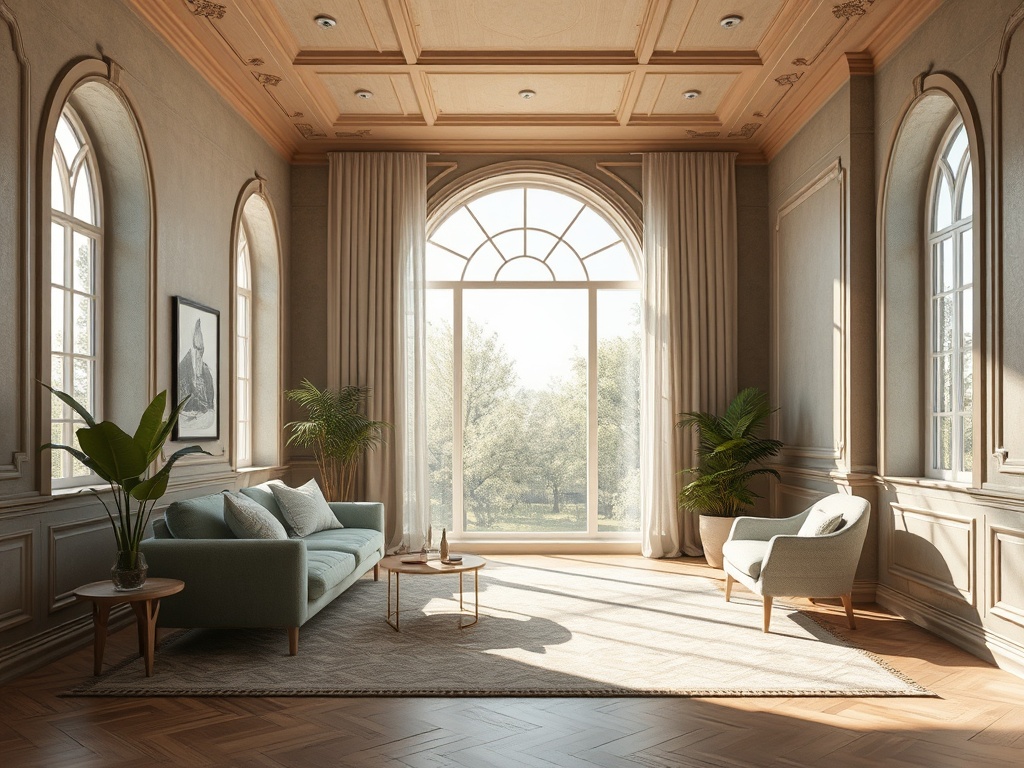 Светлая комната с большими окнами, современной мебелью и зелеными растениями в уютной обстановке.