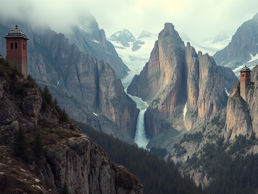 Красивый горный пейзаж с водопадом и скалистыми вершинами, обрамлённый туманом. Две небольшие башни на переднем плане.