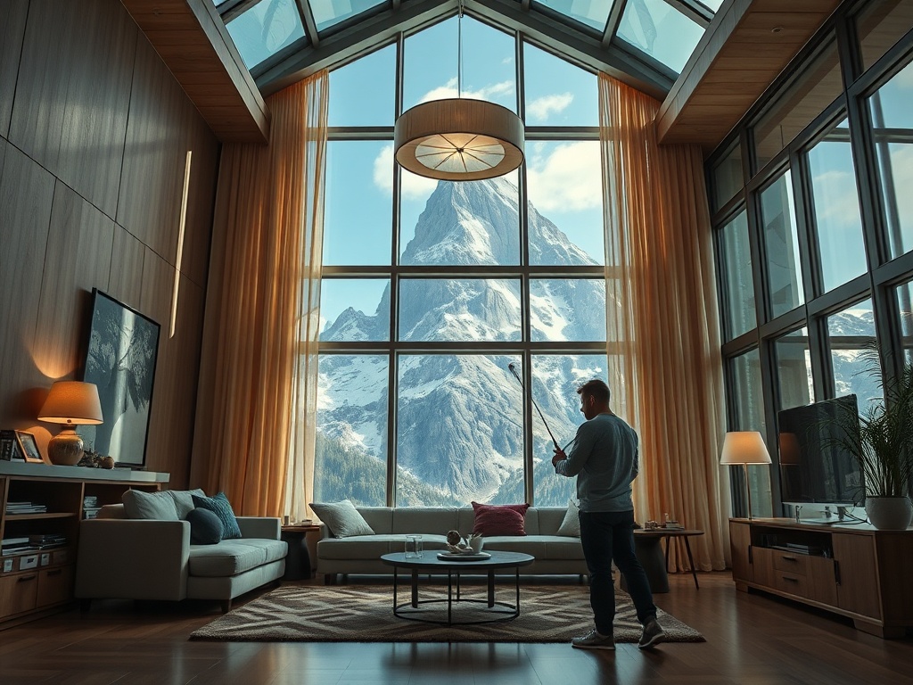 Современный интерьер с большими окнами и видом на горы. Мужчина стоит с камерой, готовясь сделать фото.