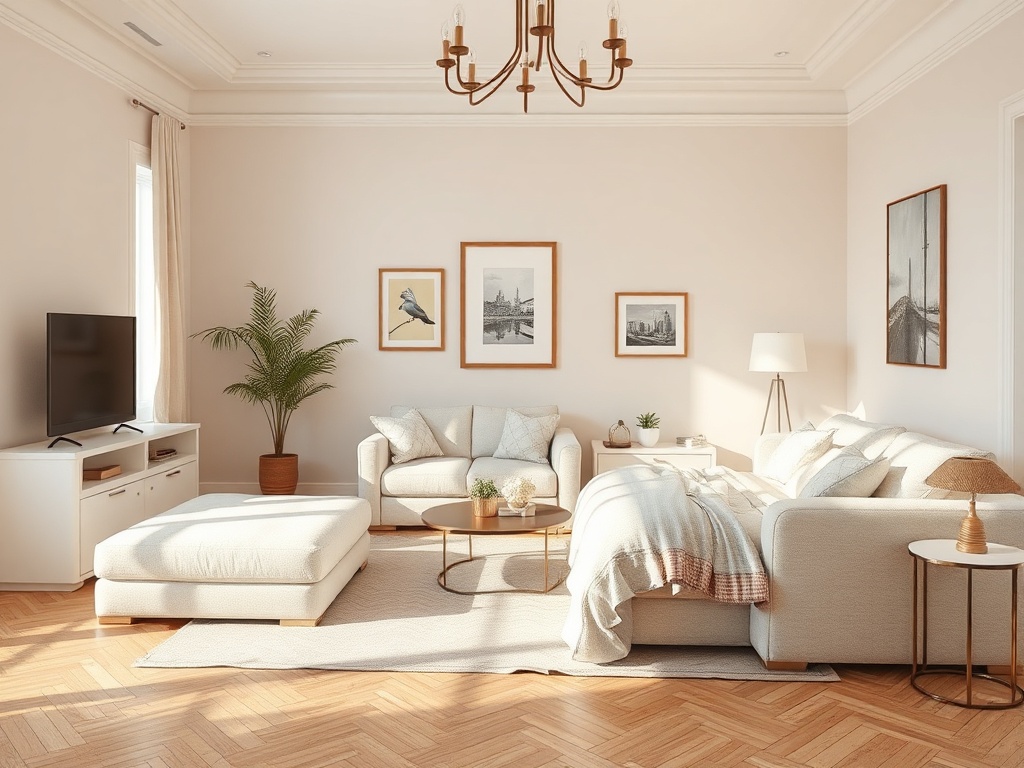 Светлая и уютная гостиная с мягкими диванами, телевизором и картинами на стенах. Роскошная атмосфера.