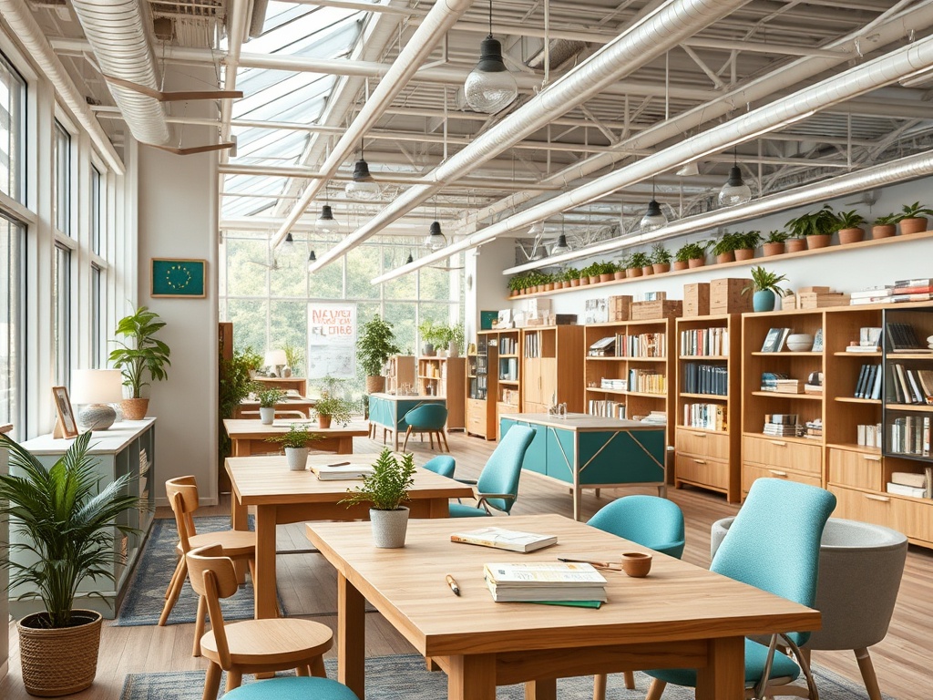 Светлый офис с деревянными столами, стульями и книжными полками, наполненный зелеными растениями.