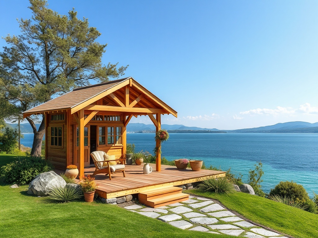 Деревянный домик у воды с террасой, окружённый зеленью и цветами, на фоне красивого пейзажа и голубого неба.