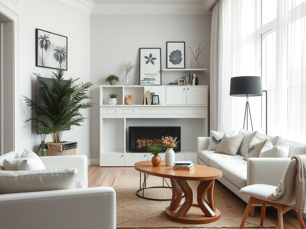 Современная гостиная с белыми диванами, деревянным столом и зелеными растениями, оформленная в светлых тонах.