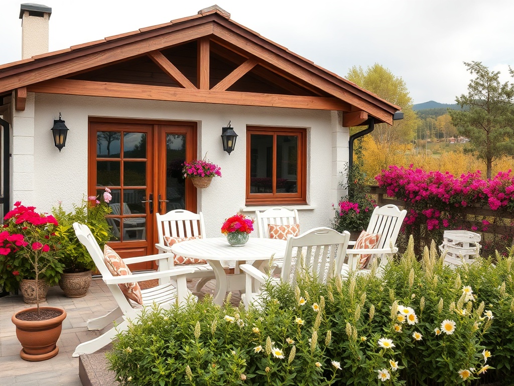 На террасе загородного дома стоят стол и стулья, окруженные цветами и зелеными растениями.