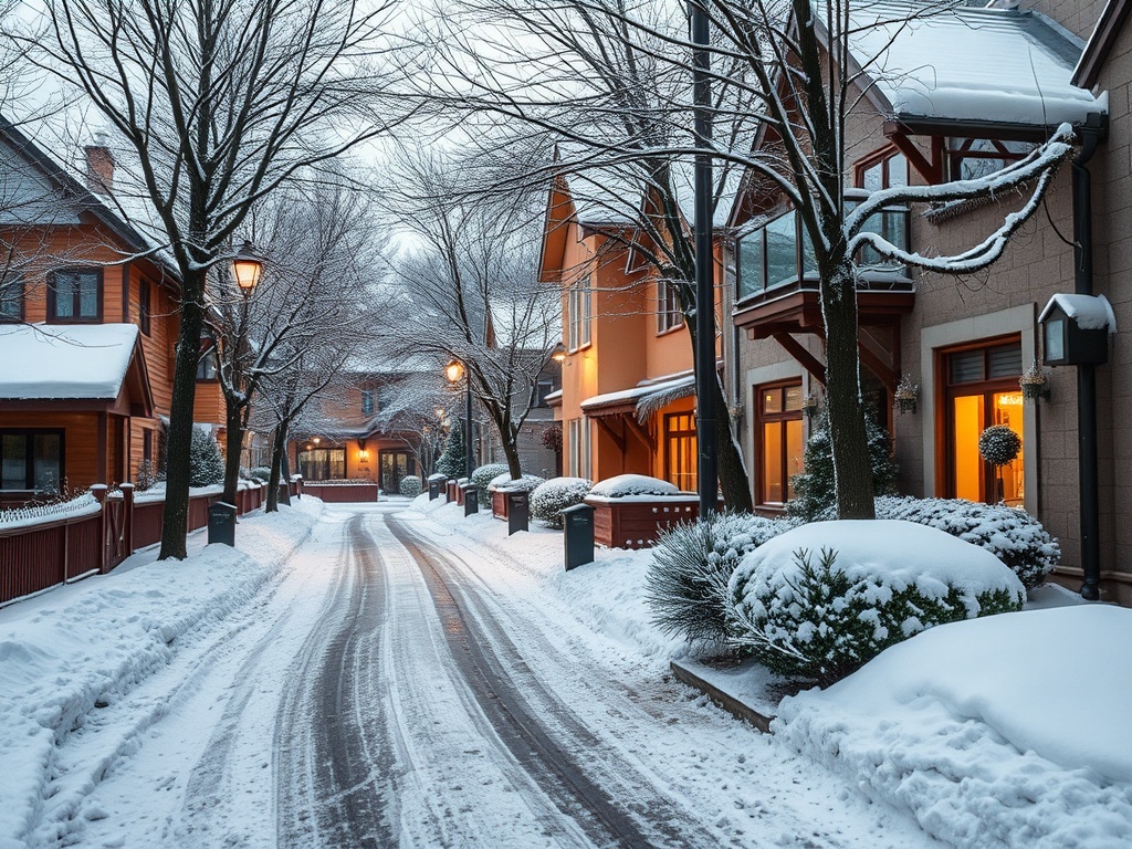 Зима в тихом городе: уютные дома, снежные улицы и освещенные деревья создают атмосферу тепла и уюта.