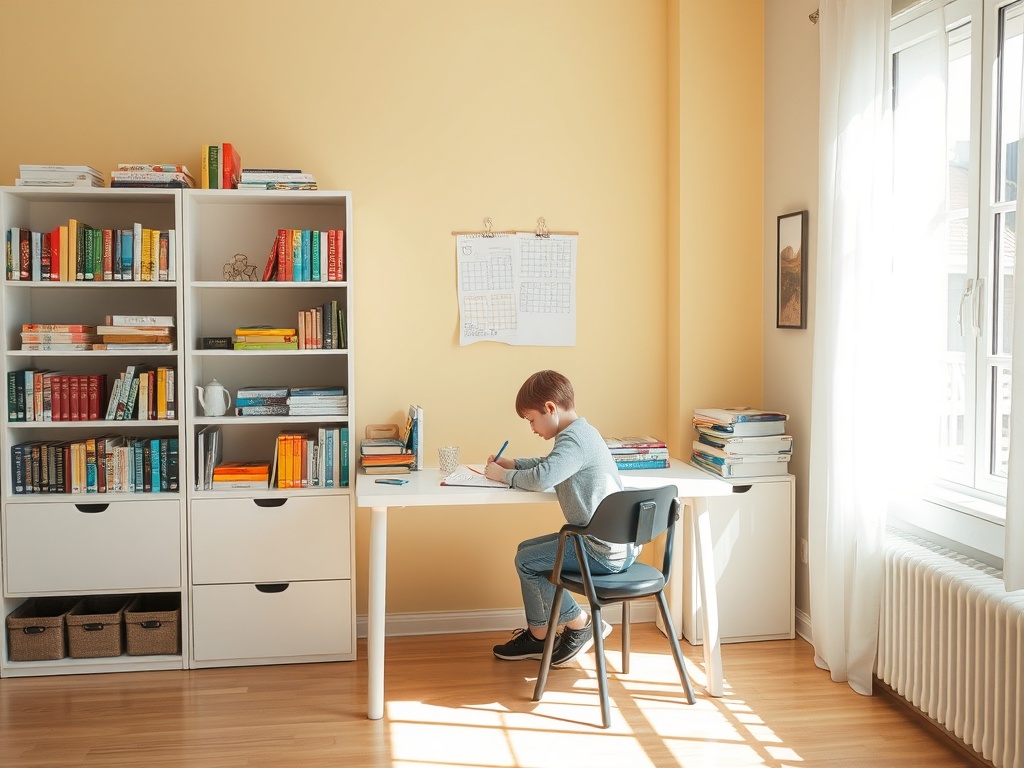Мальчик сидит за столом в светлой комнате, пишет и окружён книжными полками с книгами.